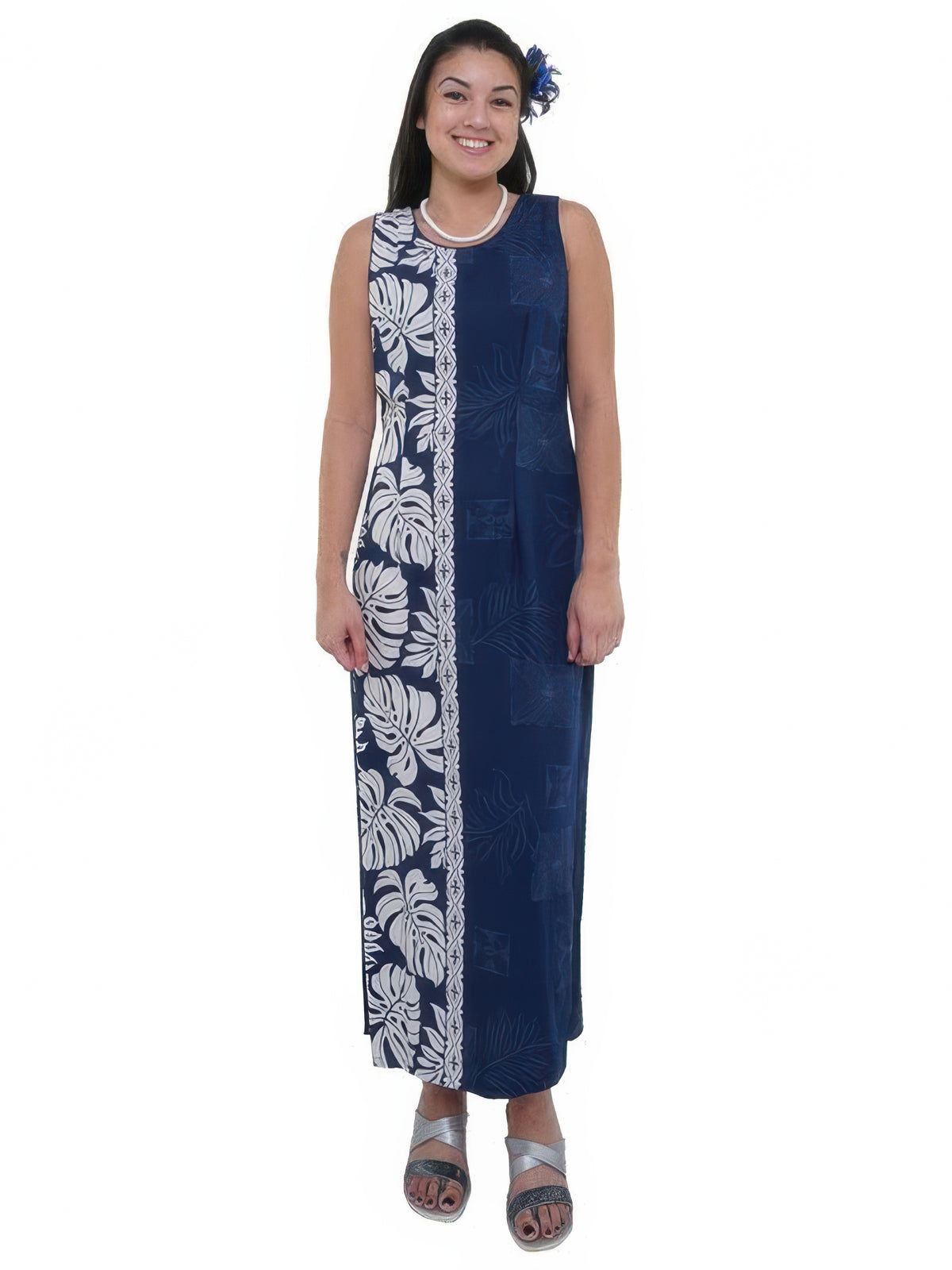 Hilo Hattie - Prince Kuhio Navy Rayon Piping Neck Long Dress