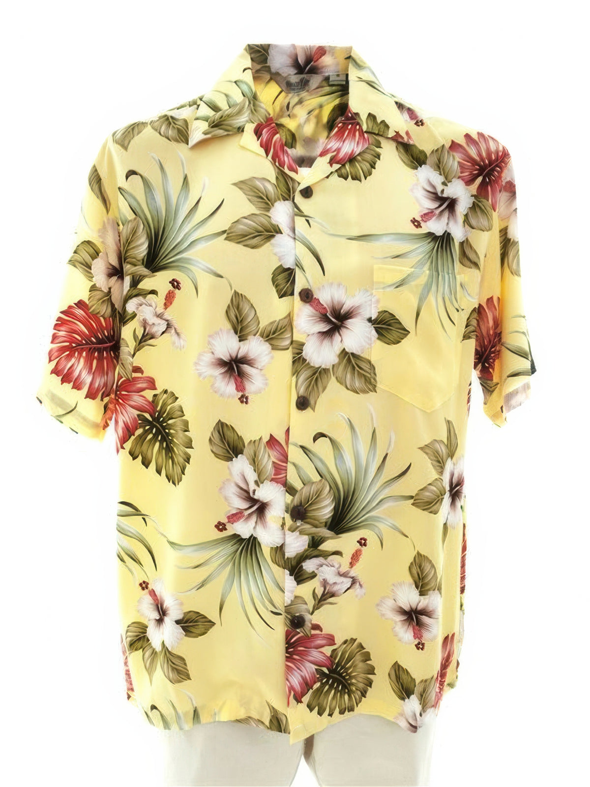 Royal Hawaiian Creations - Hibiscus & Monstera Light Yellow Rayon Men's Hawaiian Shirt