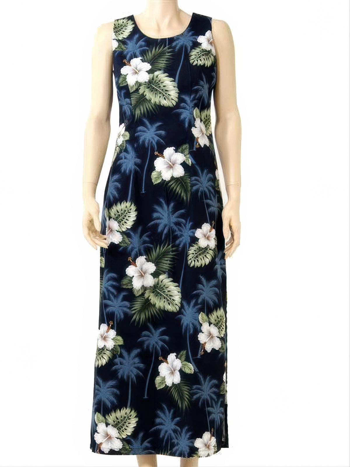 Pacific Legend - Hibiscus Monstera Navy Cotton Hawaiian Tank Long Dress
