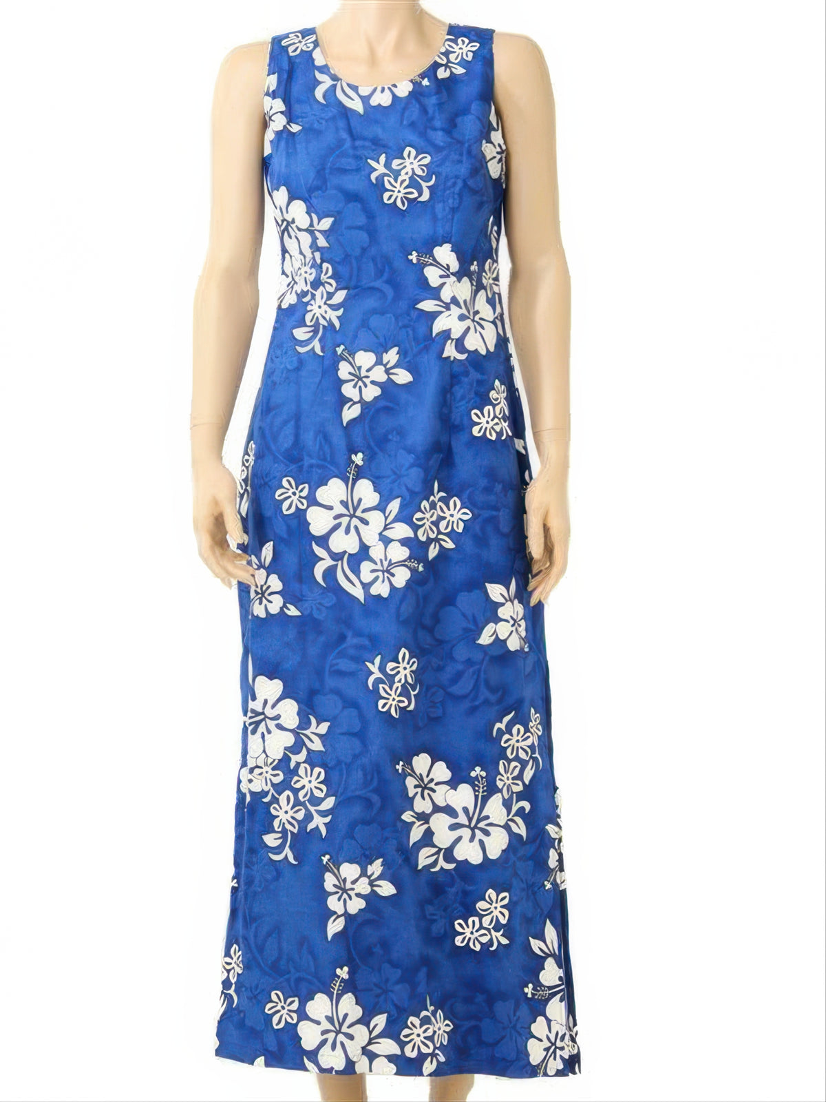Pacific Legend - White Hibiscus Blue Cotton Hawaiian Tank Long Dress