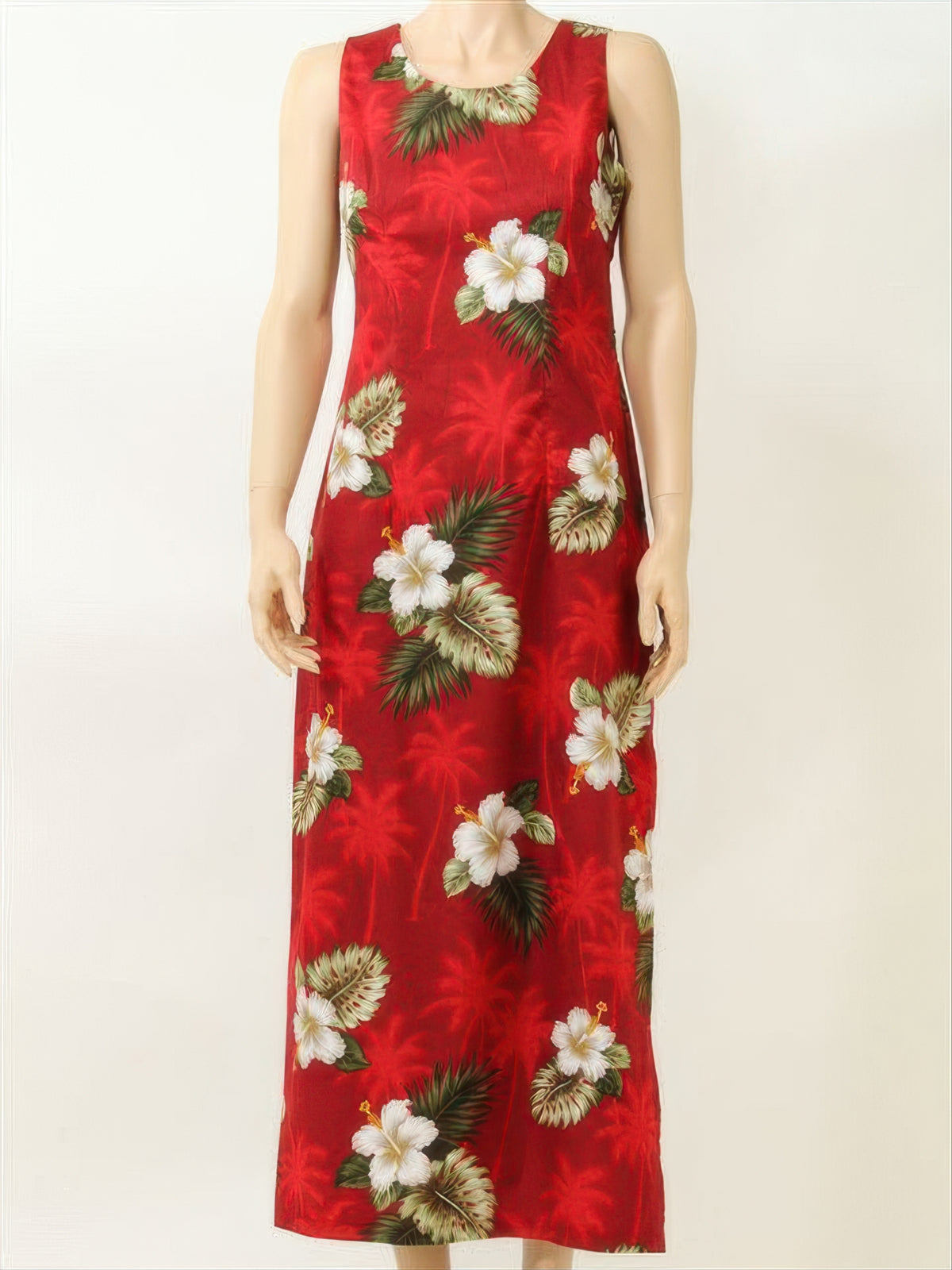 Pacific Legend - Hibiscus Monstera Red Cotton Hawaiian Tank Long Dress
