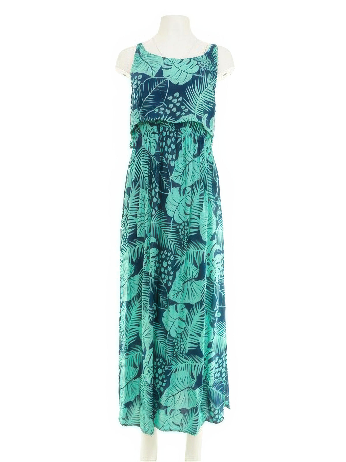 Napua Collection Honolulu - Monstera Palm Green Rayon Batik Ruffle MAXI Dress