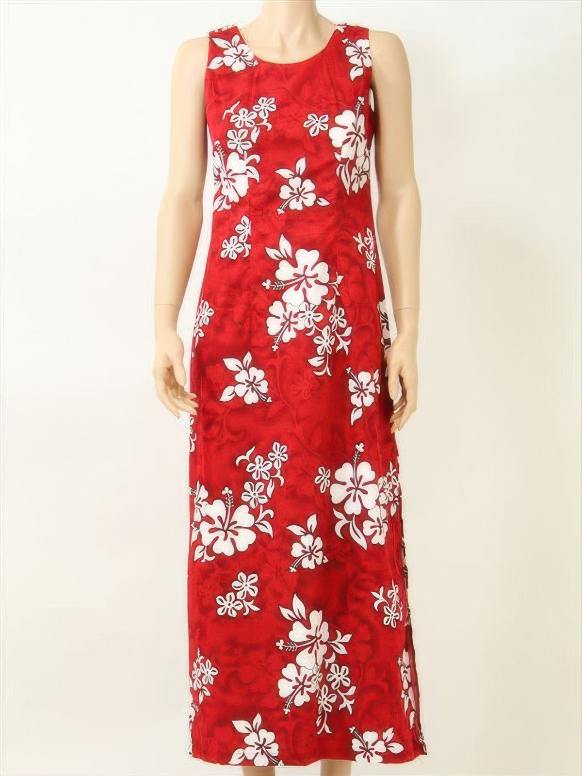 Pacific Legend - White Hibiscus Red Cotton Hawaiian Tank Long Dress