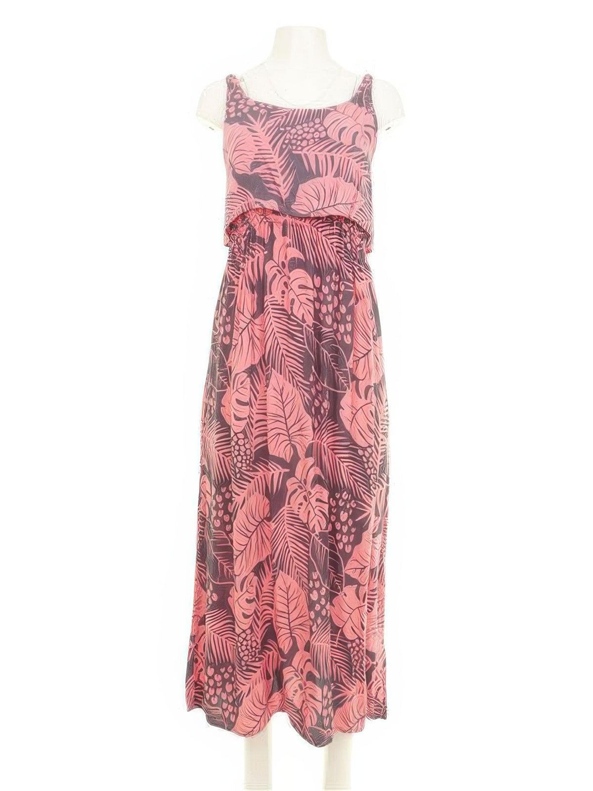Napua Collection Honolulu - Monstera Palm Pink Rayon Batik Ruffle MAXI Dress