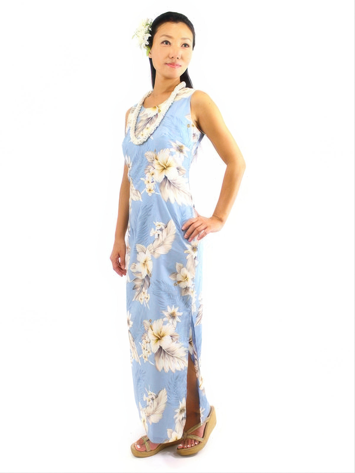 Pacific Legend - Hibiscus Blue Cotton Hawaiian Tank Long Dress