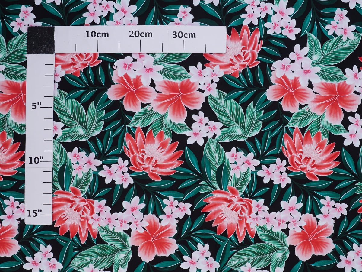 Hawaiian Fabric - Hibiscus & Protea Black 100% Cotton Poplin NLX-00407
