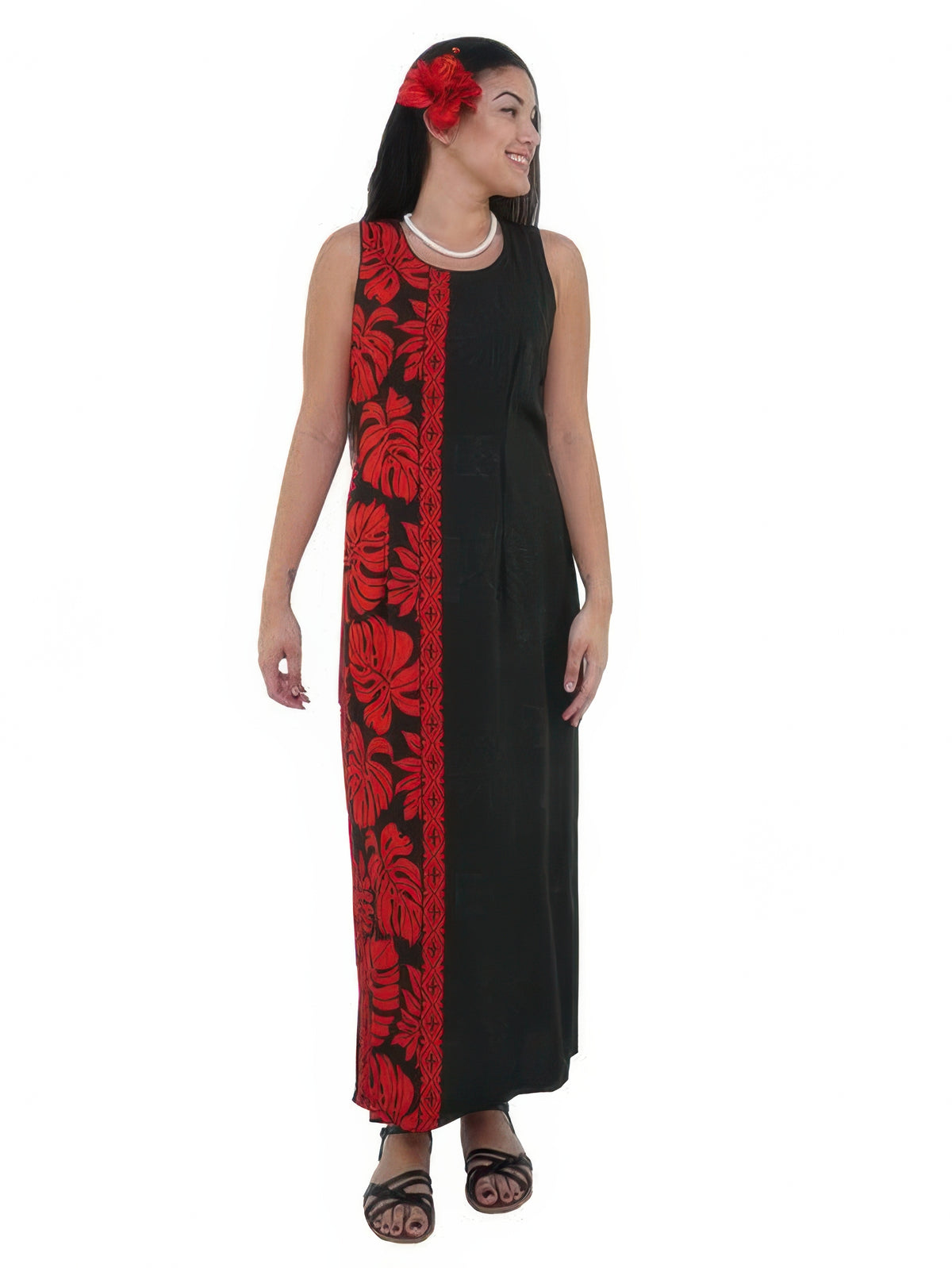 Hilo Hattie - Prince Kuhio Black & Red Rayon Piping Neck Long Dress