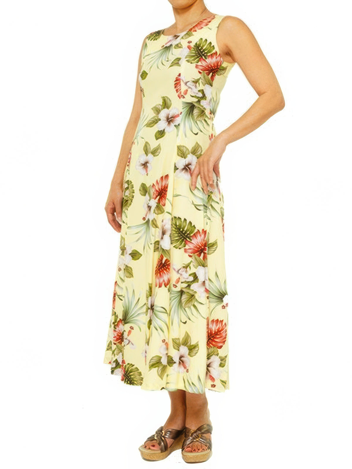 Royal Hawaiian Creations - Hibiscus & Monstera Light Yellow Rayon Hawaiian Sleeveless Back Tie Long Dress