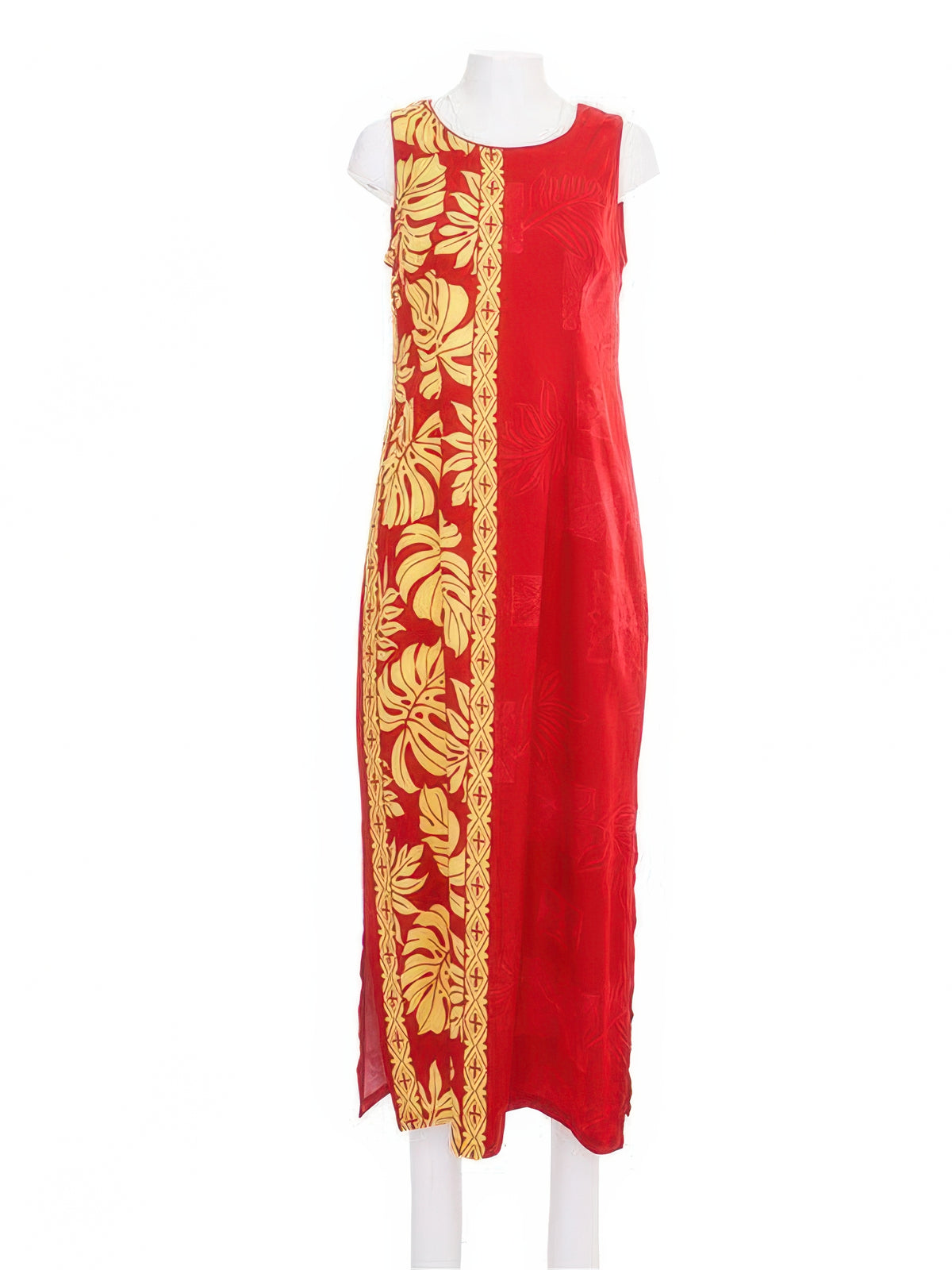 Hilo Hattie - Prince Kuhio Red & Gold Rayon Piping Neck Long Dress