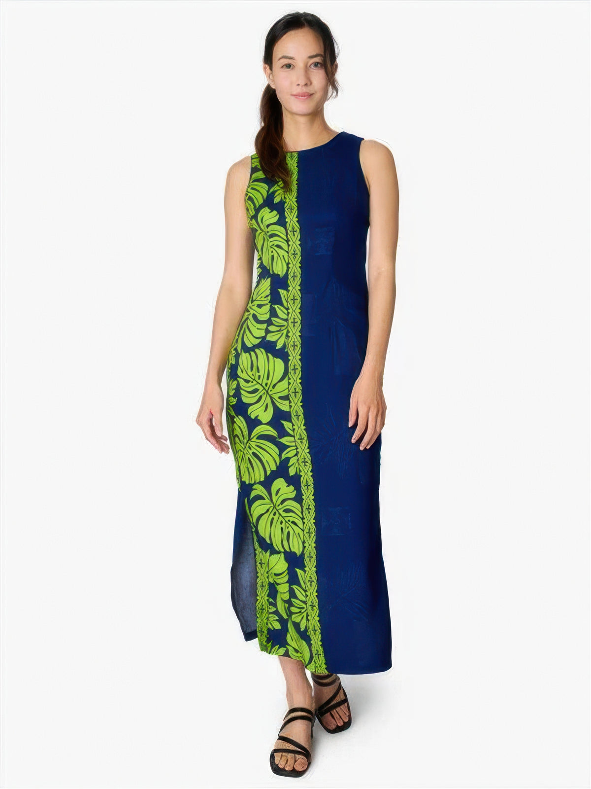 Hilo Hattie - Prince Kuhio Navy & Lime Rayon Piping Neck Long Dress