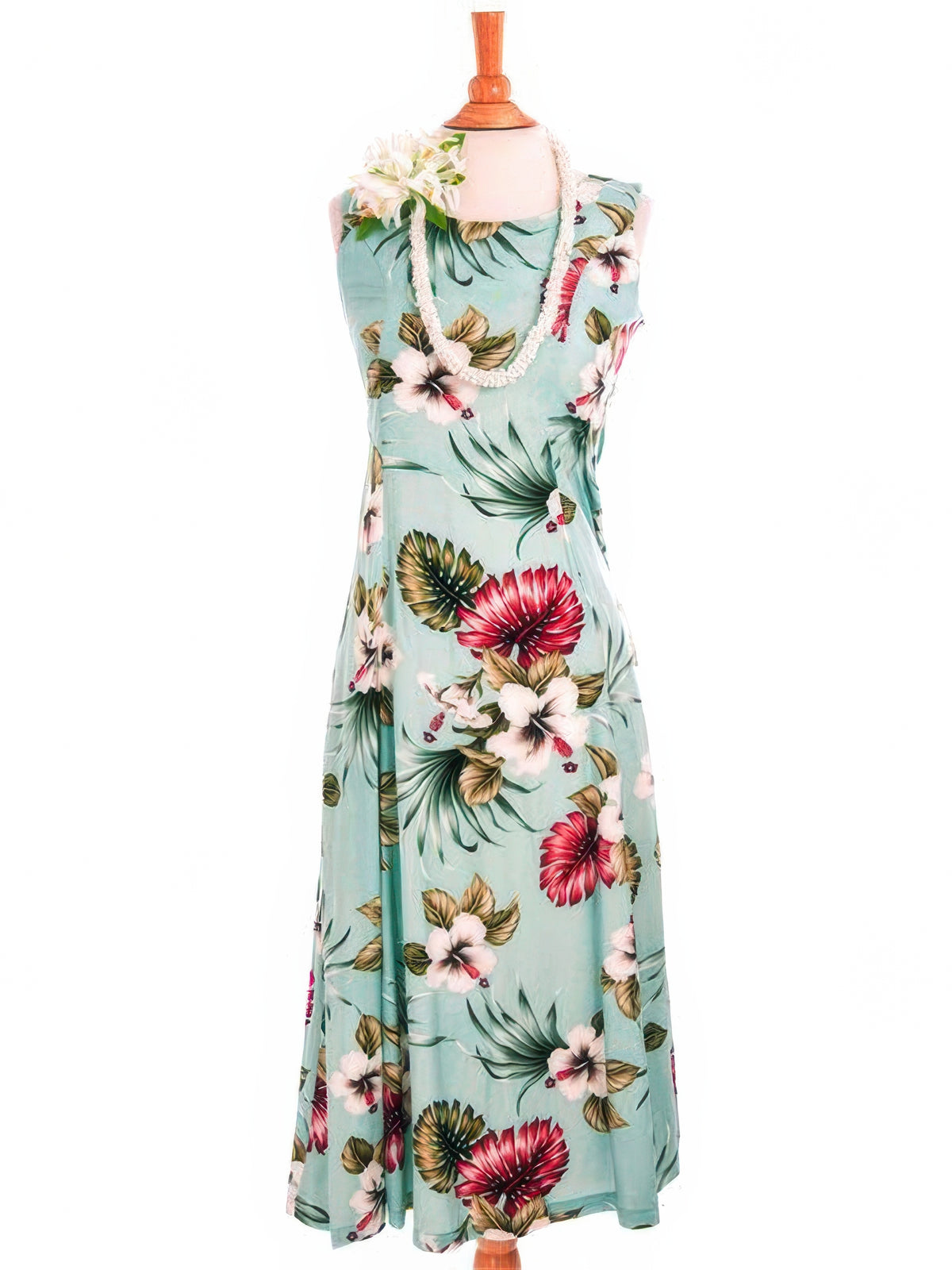 Royal Hawaiian Creations - Hibiscus & Monstera Light Blue Rayon Hawaiian Sleeveless Back Tie Long Dress