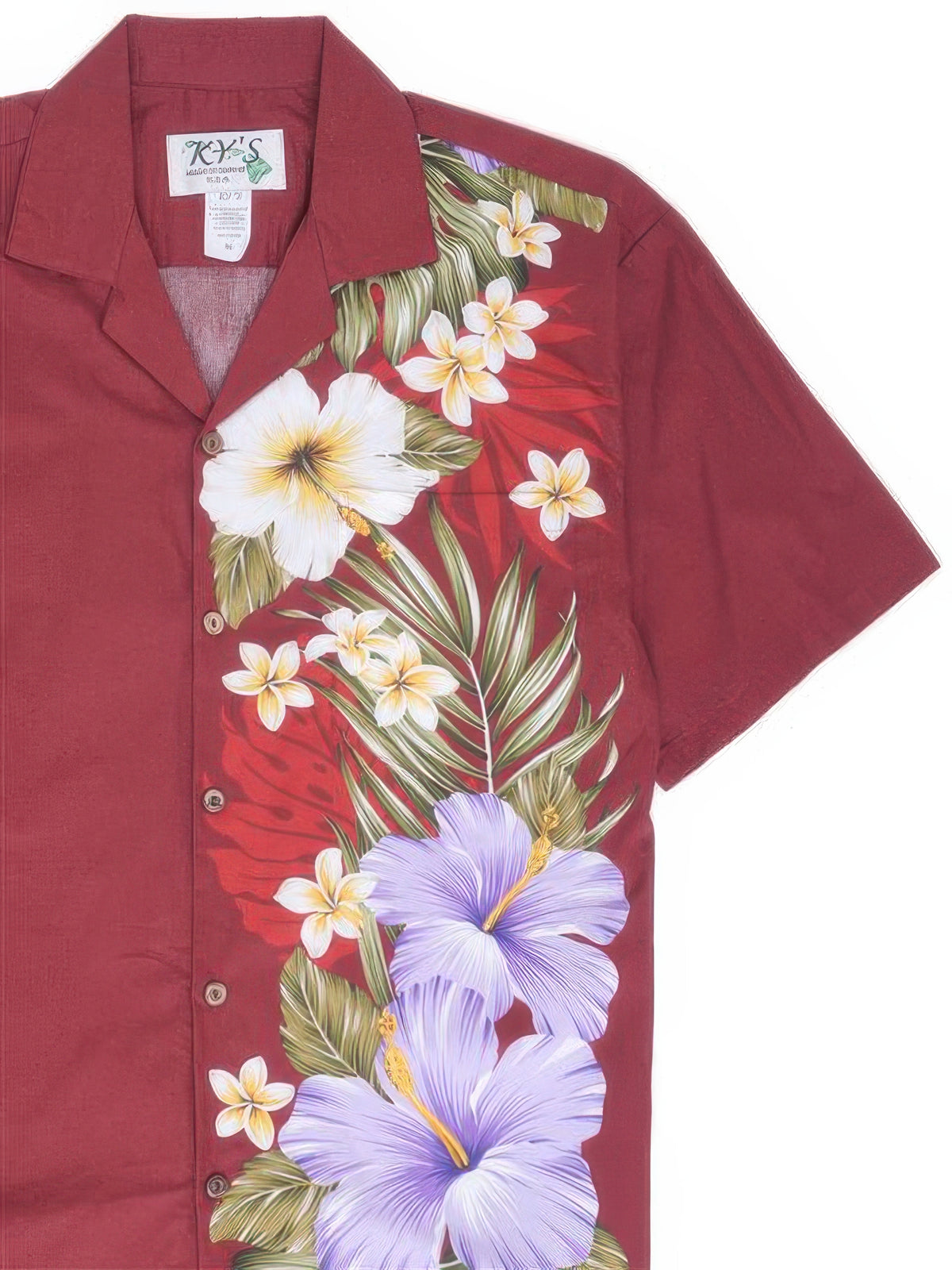 Ky's - Purple Aloalo Flower Burgandy Red Cotton Poplin Men's Hawaiian Shirt
