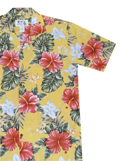Ky's - Kahala Hibiscus Yellow Cotton Poplin Men's Hawaiian Shirt