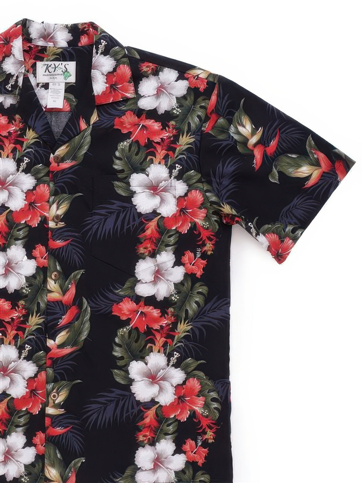 Ky's - Vibrant Hibiscus Panel Black Cotton Men's Hawaiian Shirt