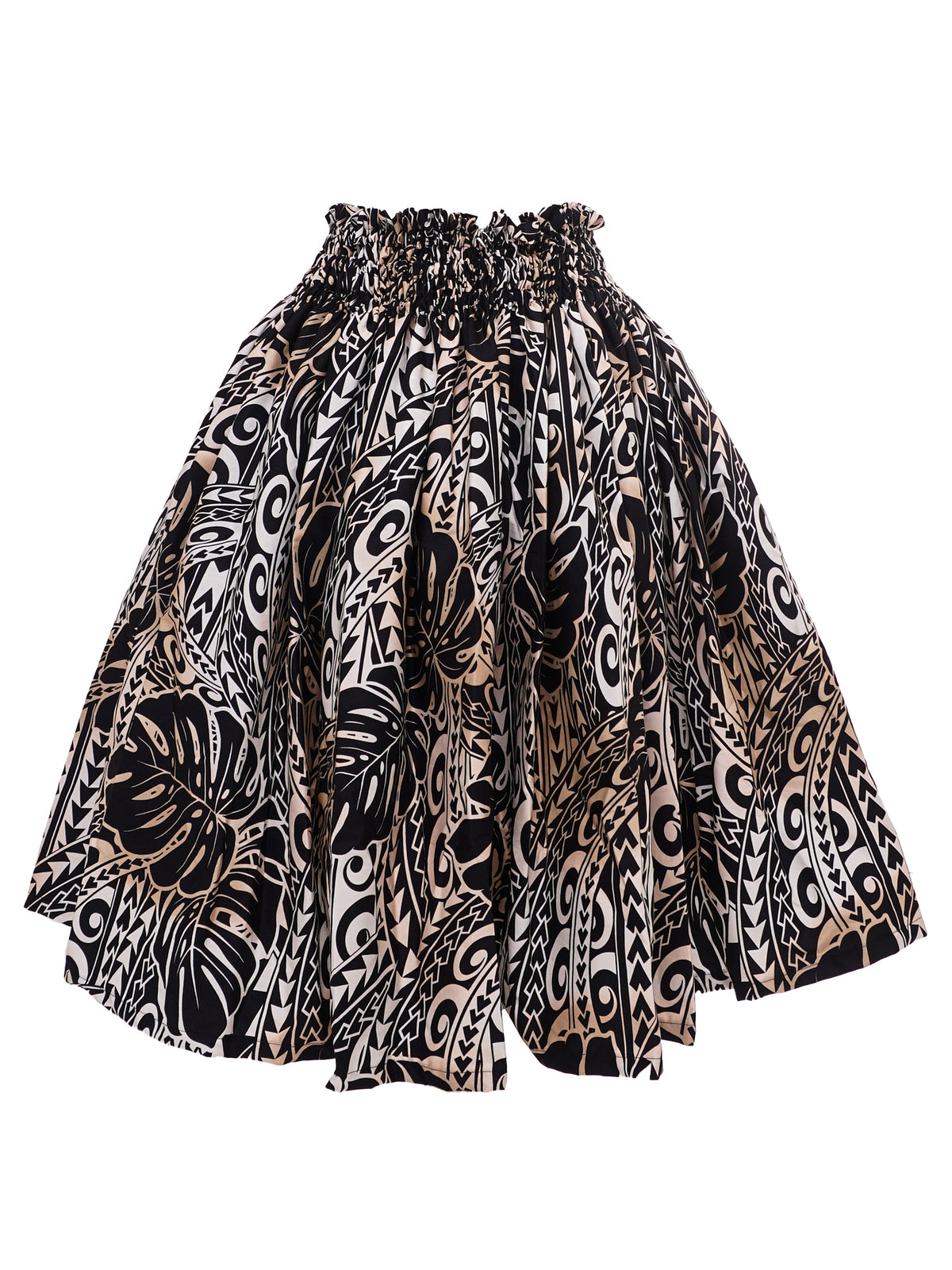 Ka Makani - Tribal Monstera Beige Poly Cotton Single Pau Skirt / 3 Bands