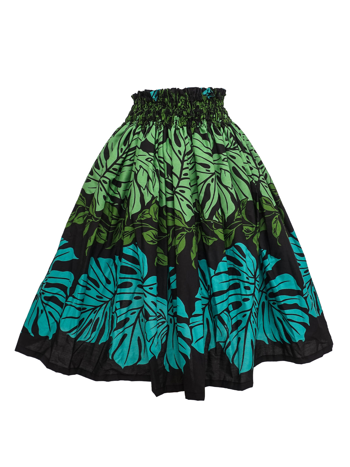 Ka Makani - Big Monstera Leaf Black & Green Poly Cotton Single Pau Skirt / 3 Bands