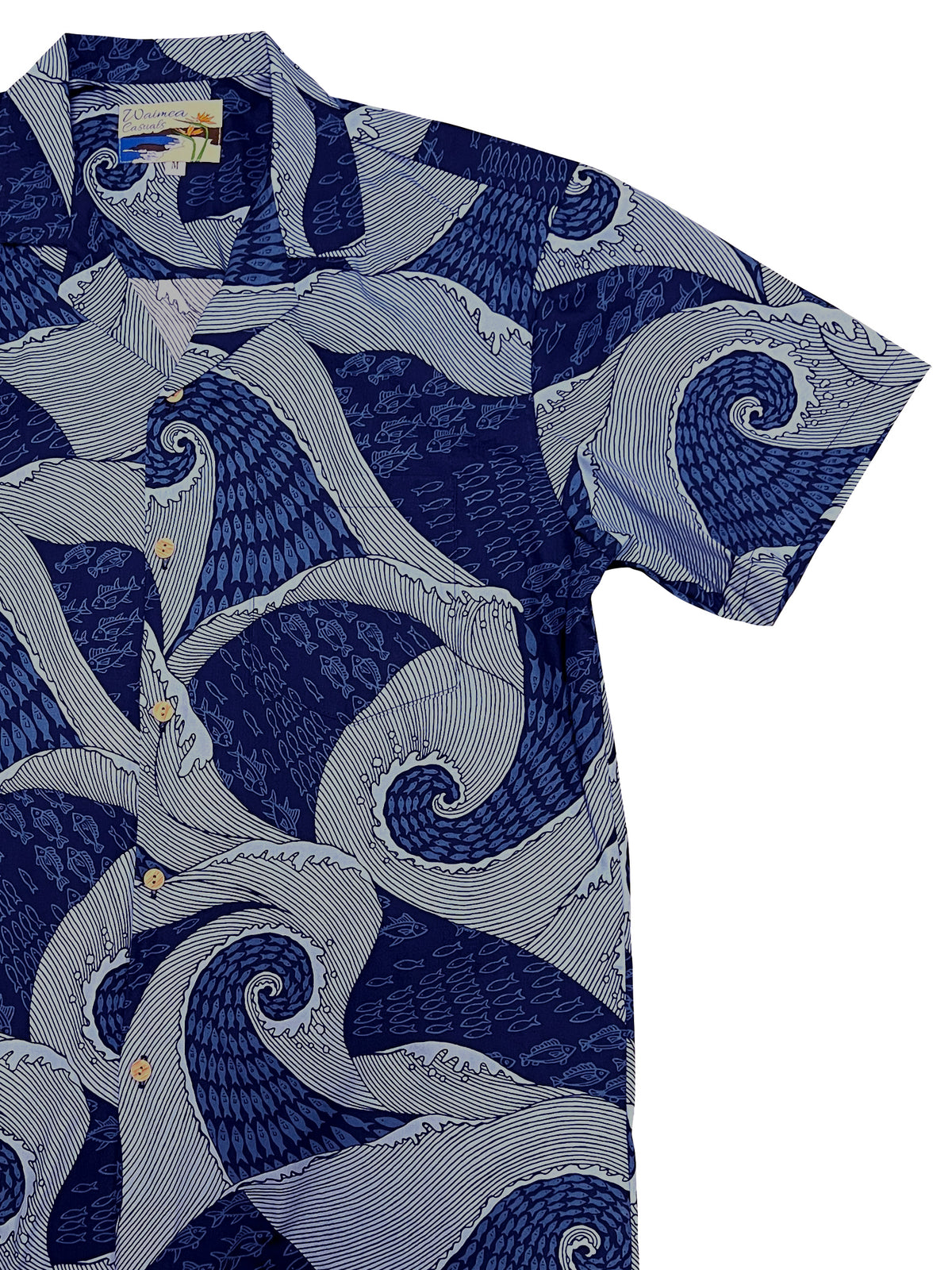 Waimea Casuals - Waves Navy Cotton Men's Hawaiian Shirt