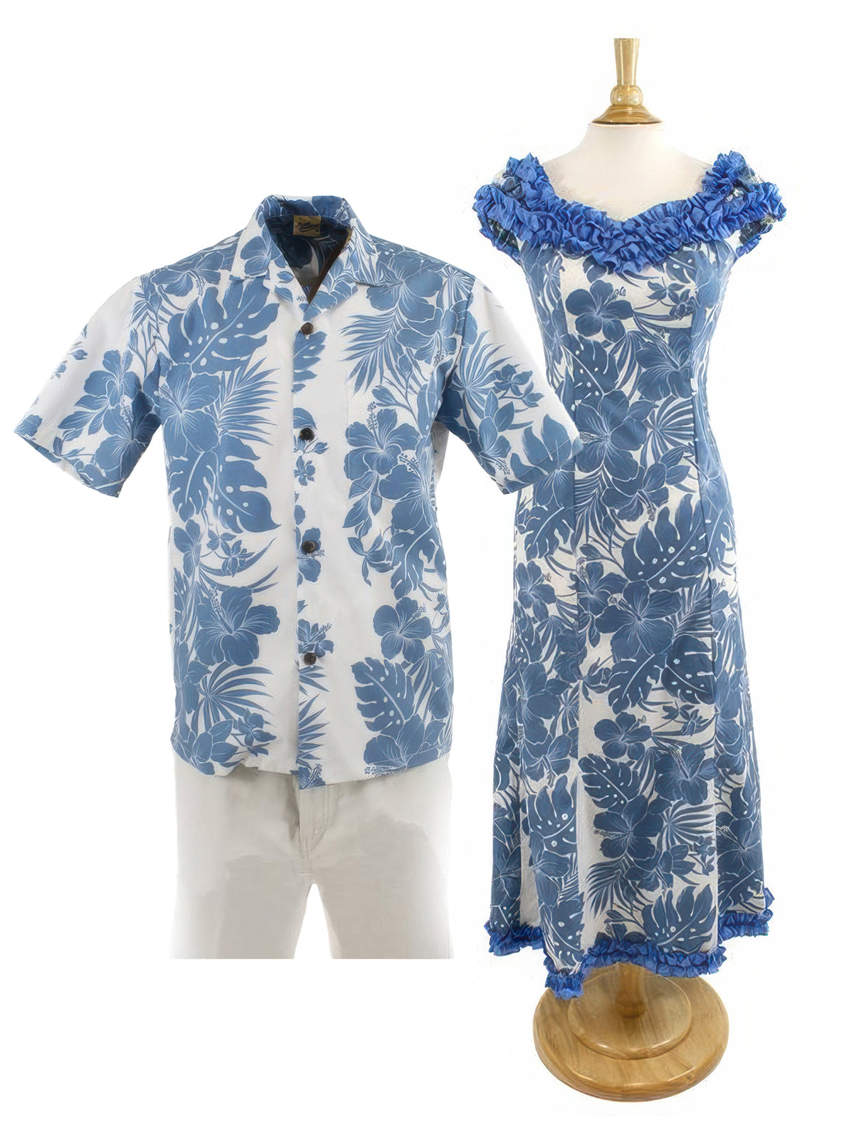 Hawaiian Dress and Shirt Couple Matching Bundle - Hibiscus Panel Blue