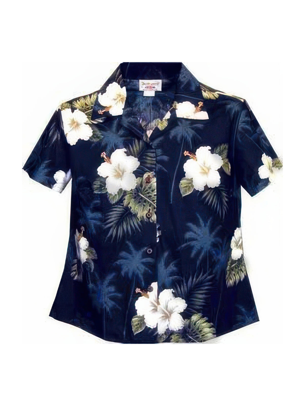 Pacific Legend - Hibiscus Monstera Navy Cotton Women's Fitted Hawaiian Shirt