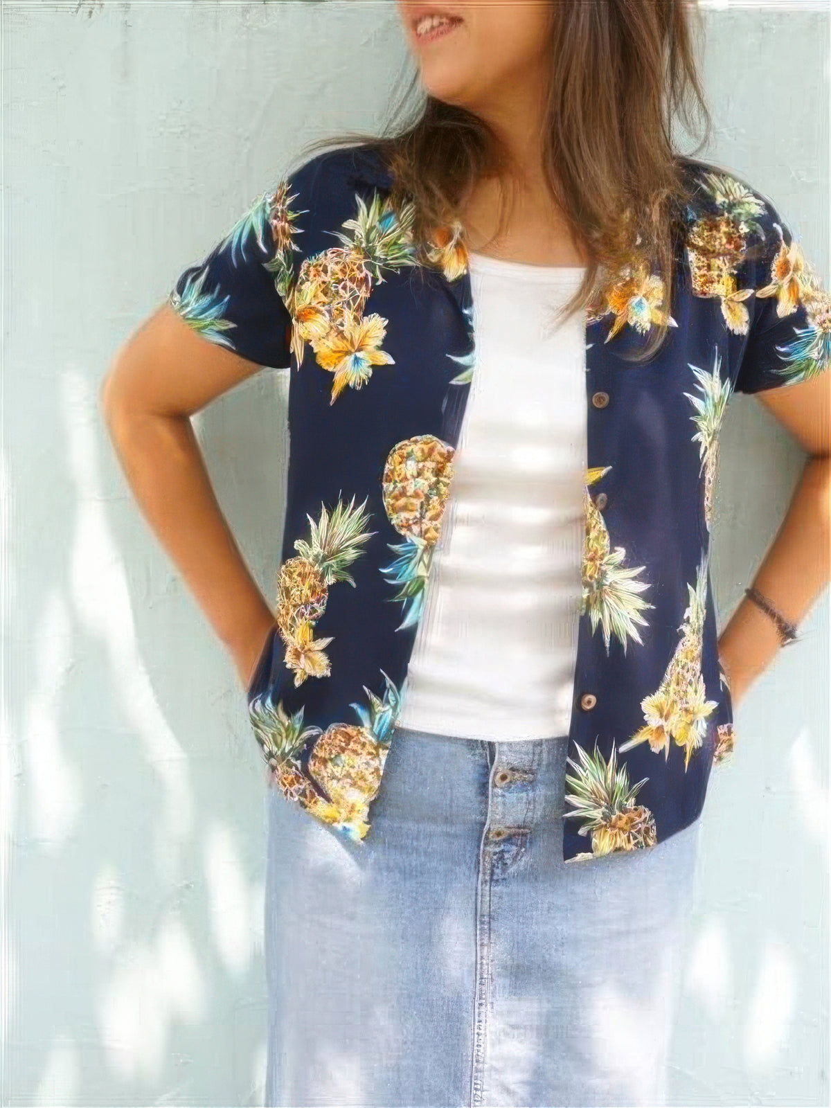 Two Palms - Golden Pineapple Navy Rayon Women's Hawaiian Shirt