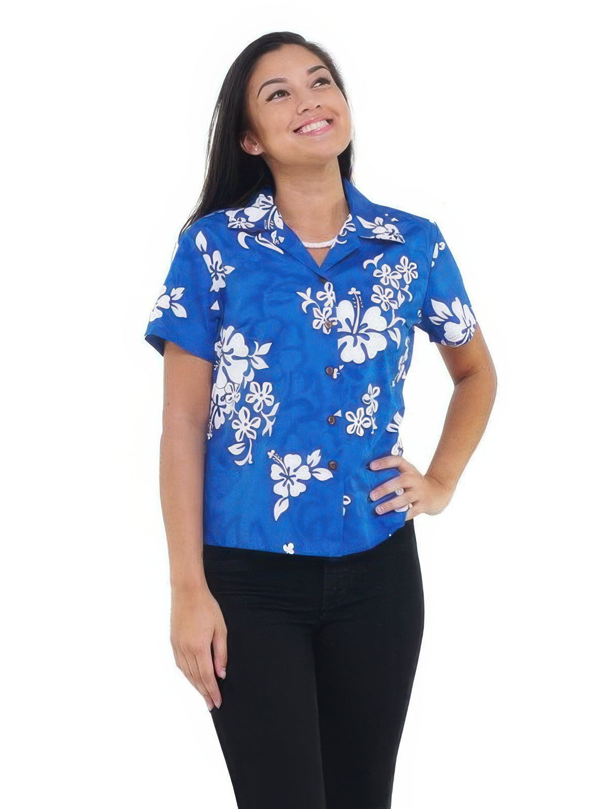 Pacific Legend - White Hibiscus Blue Cotton Women's Fitted Hawaiian Shirt