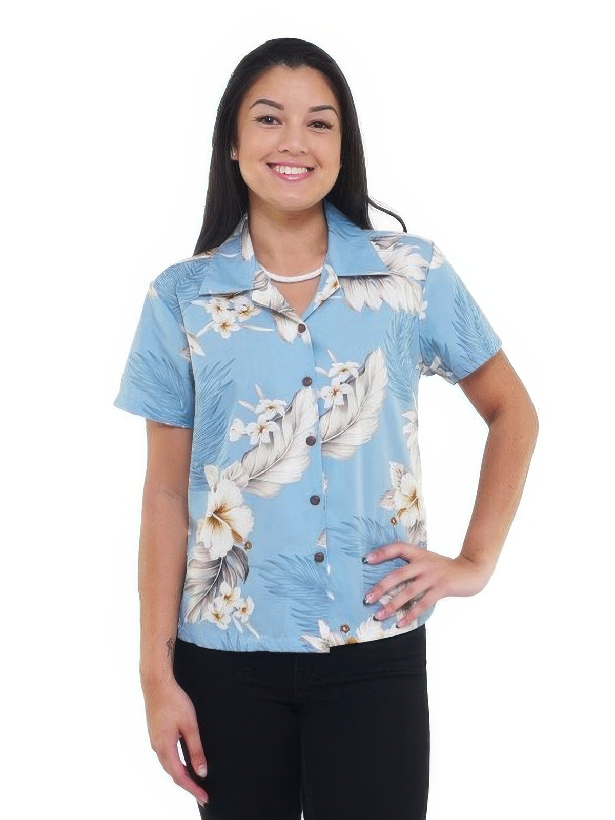 Pacific Legend - Hibiscus Blue Cotton Women's Fitted Hawaiian Shirt