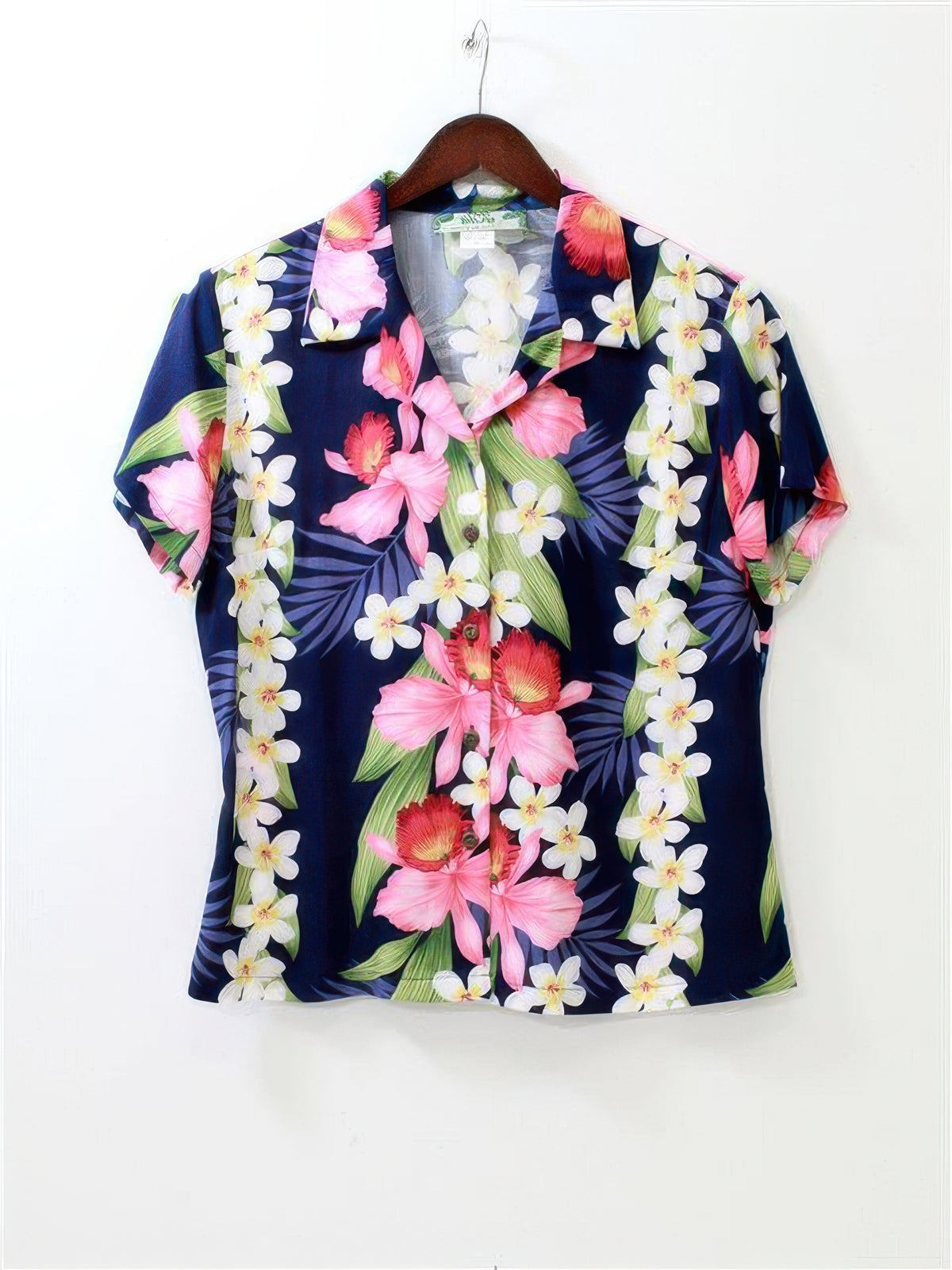 Two Palms - Orchid & Plumeria Navy Rayon Women's Hawaiian Shirt