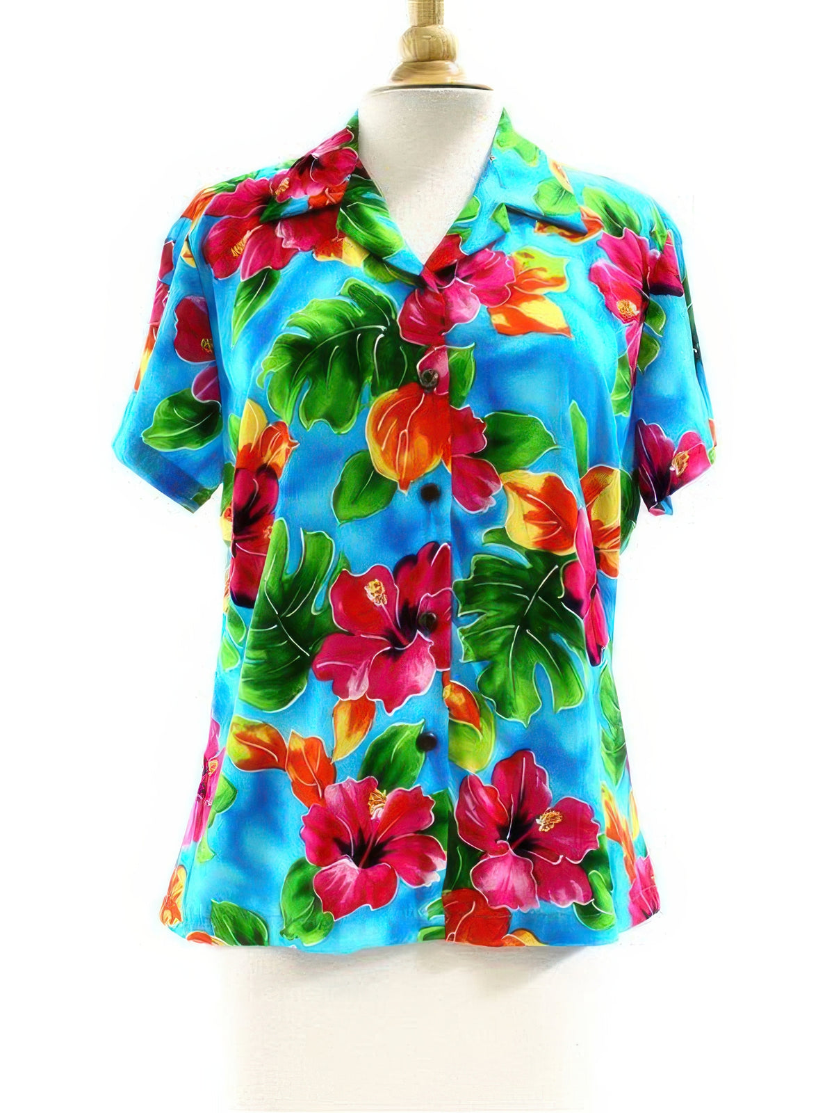 Two Palms - Hibiscus Watercolor Blue Rayon Women's Hawaiian Shirt