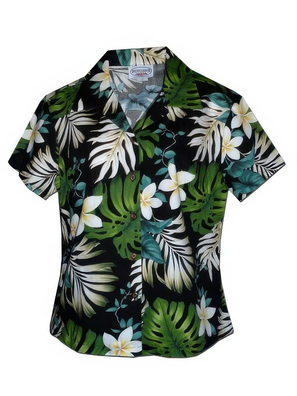 Pacific Legend - Plumeria & Monstera Black Cotton Women's Fitted Hawaiian Shirt