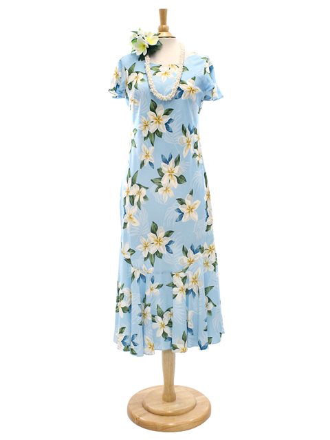Two Palms - Plumeria Light Blue Rayon Hawaiian Long Dress