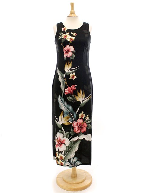 A long black rayon dress with a tropical flower print, displayed on a mannequin with a wooden stand.