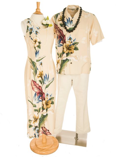 Hawaiian Dress and Shirt Couple Matching Bundle - Tropical Flowers Cream