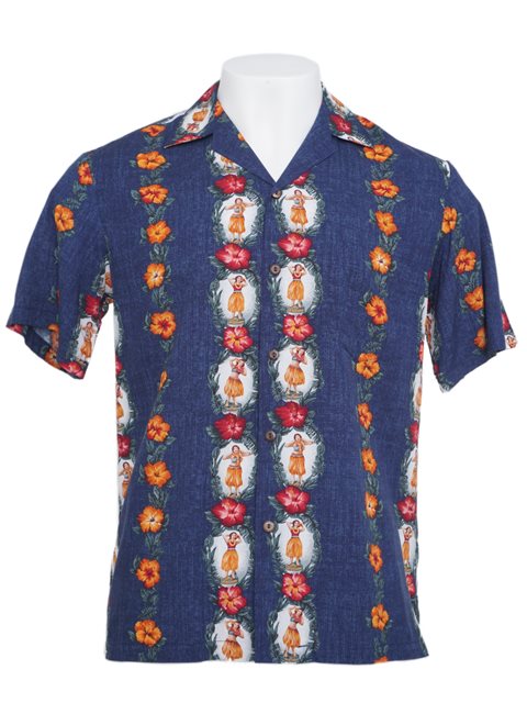 Two Palms - Hula Dolls Navy Rayon Men's Hawaiian Shirt