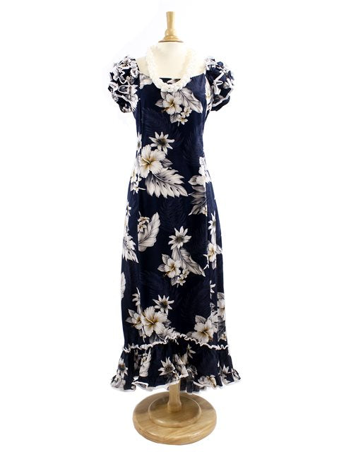 Pacific Legend - Hibiscus Navy Cotton Hawaiian Ruffle Long Muumuu Dress