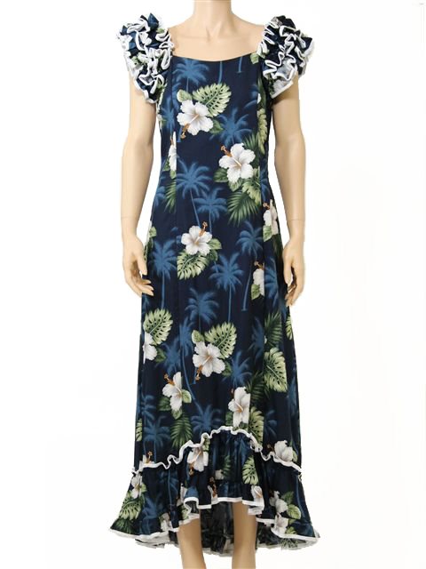 Pacific Legend - Monstera Navy Cotton Hawaiian Ruffle Long Muumuu Dress