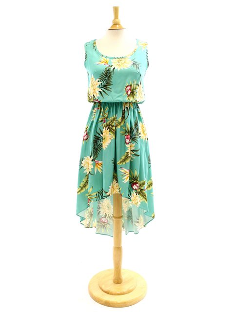 Two Palms - Ceres Green Rayon Hawaiian Hi-Low Midi Dress