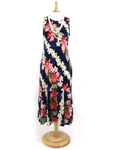Two Palms - Orchid & Plumeria Navy Rayon Hawaiian Long Dress