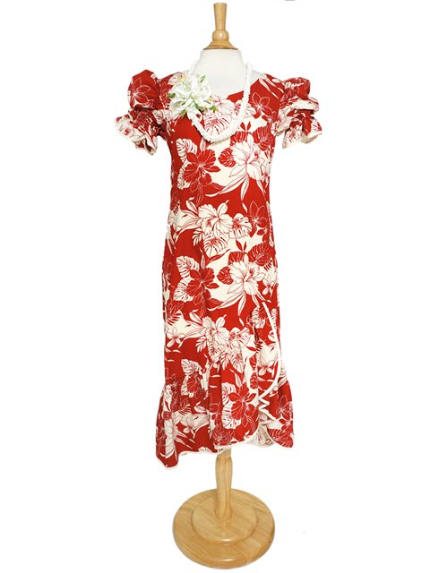 Two Palms - Orchid Monstera Red Cotton Hawaiian Long Muumuu Dress