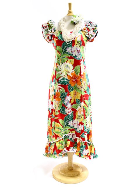 Pacific Legend - Tropical Flowers Red Cotton Hawaiian Ruffle Long Muumuu Dress
