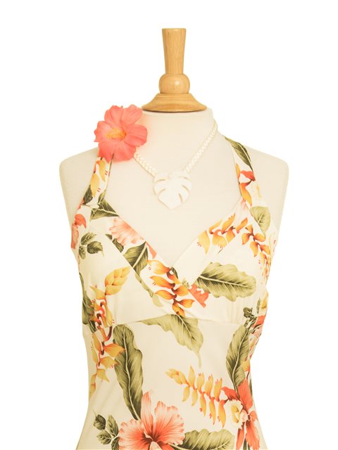 Two Palms - Sonic Beige Rayon Hawaiian Halter Neck Midi Dress S Two Palms - Sonic Beige Rayon Hawaiian Halter Neck Midi Dress S