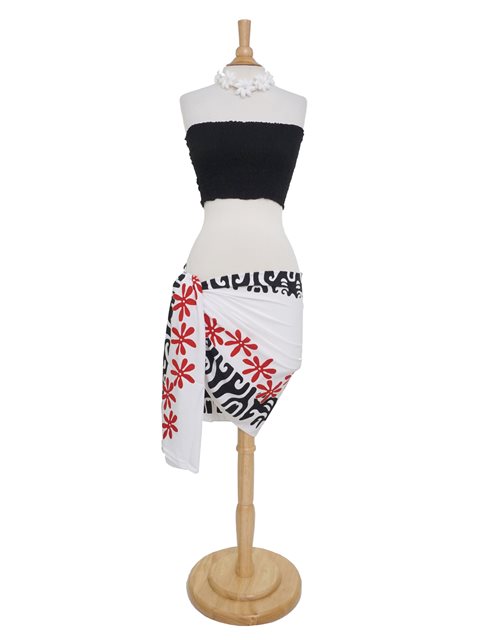 Lauhala Trading - Tattoo Tiare White, Black & Red Half Size Hand Printed Pareo Sarong