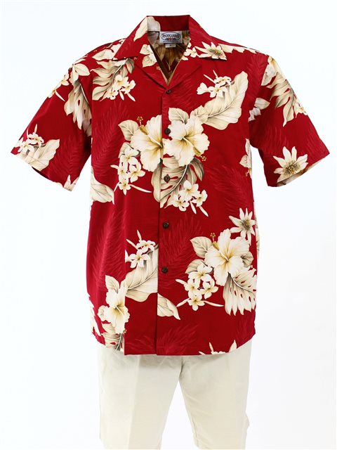 Pacific Legend - Hibiscus Red Cotton Men's Hawaiian Shirt