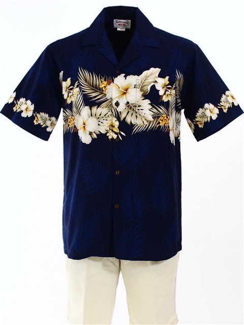 Pacific Legend - Hibiscus Navy Cotton Men's Border Hawaiian Shirt