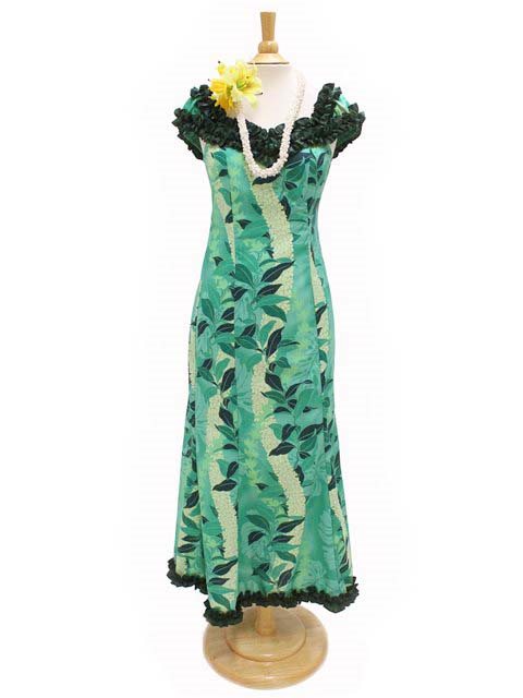 Royal Hawaiian Creations - Monstera Lei Green Poly Cotton Hawaiian Nahenahe Ruffle Long Muumuu Dress