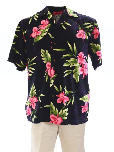 Two Palms Orchid Fern Black Rayon Men's Hawaiian Shirt