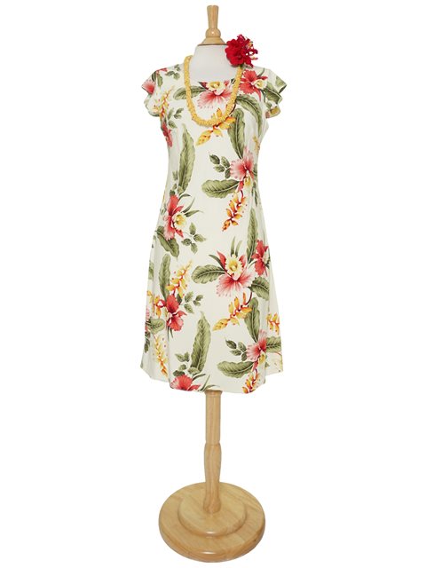Two Palms - Sonic Beige Rayon Hawaiian Handkerchief Sleeve Midi Dress
