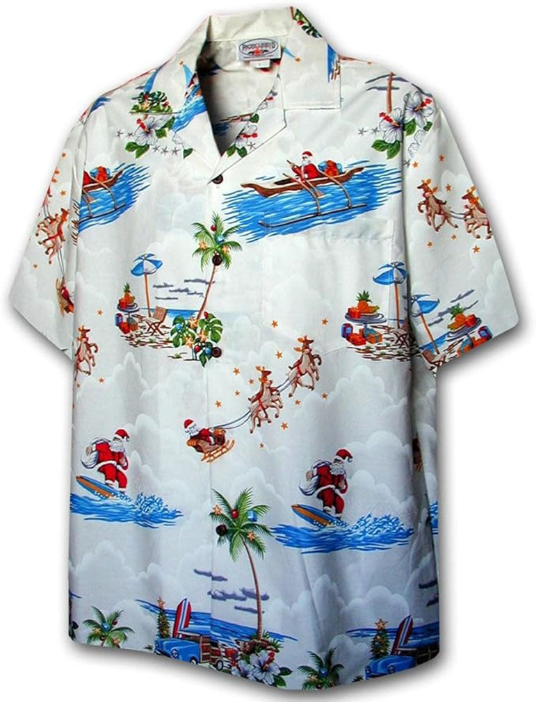 Pacific Legend - Surfing Santa White Cotton Men's Hawaiian Shirt
