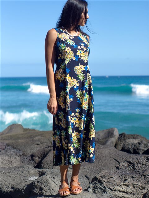 Two Palms - Golden Pineapple Navy Rayon Hawaiian Dress
