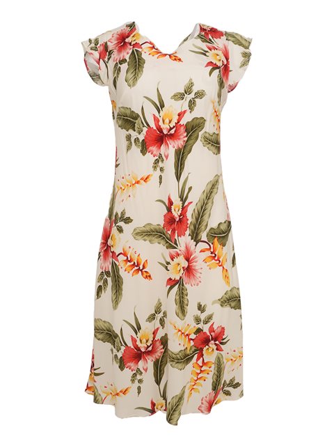 Two Palms - Sonic Beige Rayon Hawaiian Midi Muumuu Dress