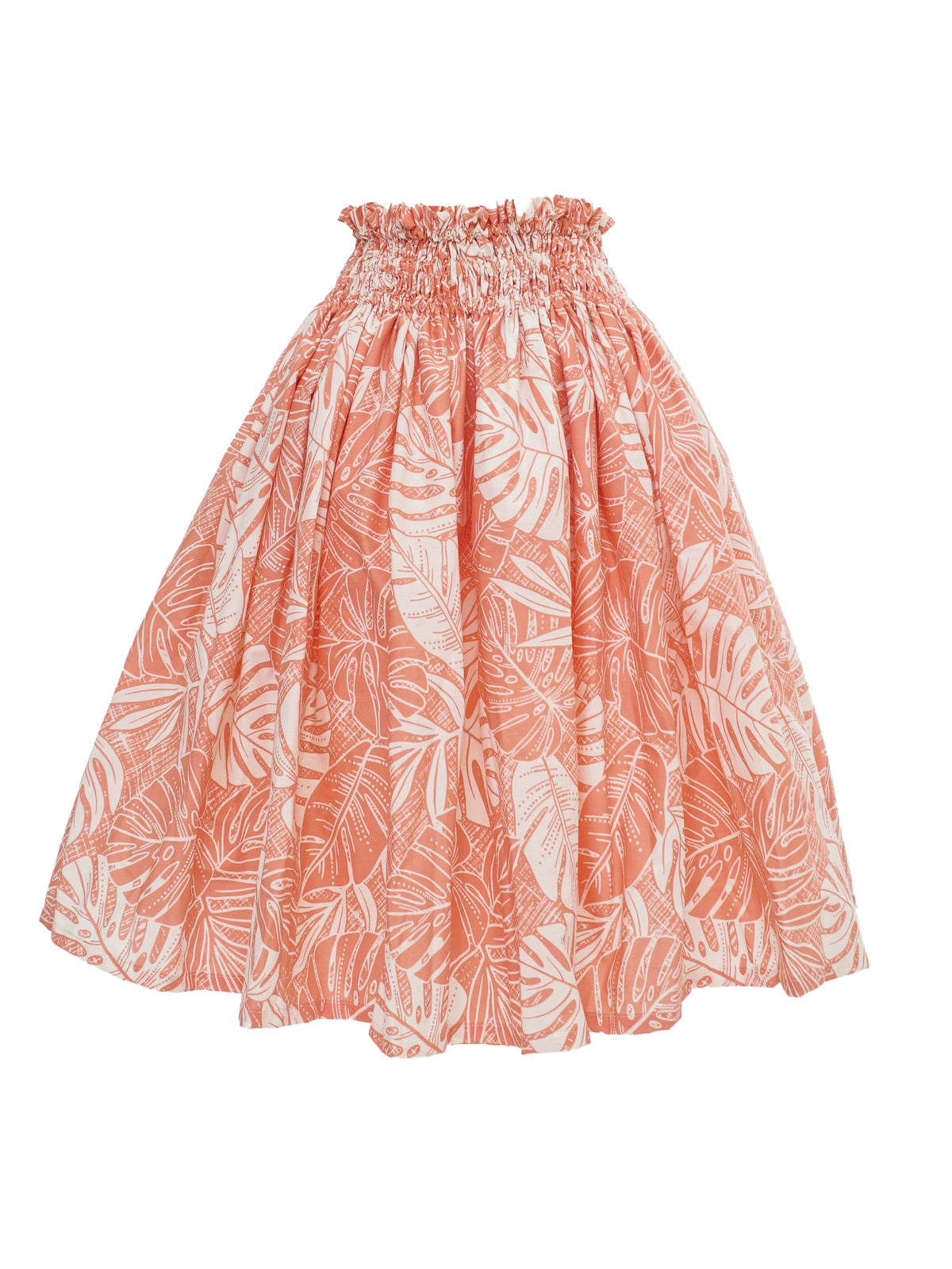 Ka Makani - Monstera & Areca Palm Leaf Coral Poly Cotton Hula Pau Skirt / 3 Bands